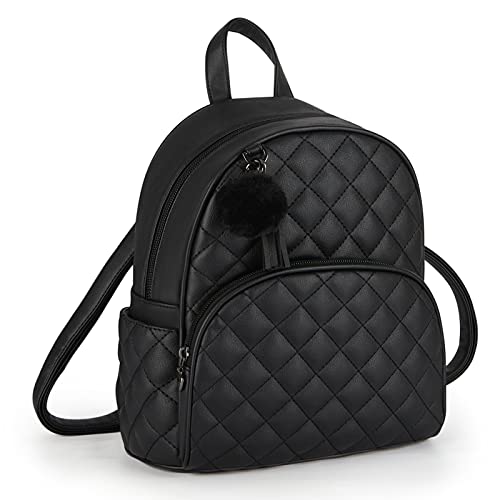 ECOSUSI Mini Backpack for Women Leather Small Backpack Purse for Ladies Cute Pom Bookbag Travel Shoulder Bag with Charm Tassel Black - Image 1