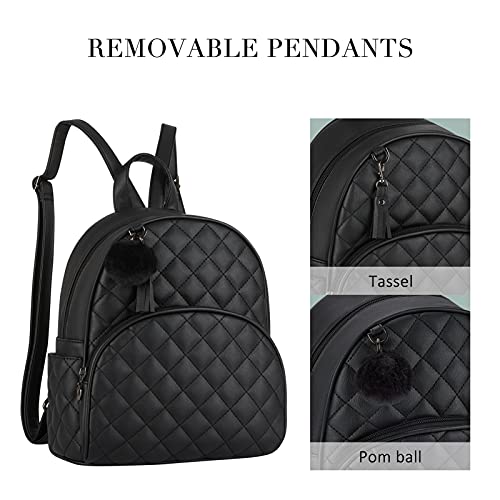 ECOSUSI Mini Backpack for Women Leather Small Backpack Purse for Ladies Cute Pom Bookbag Travel Shoulder Bag with Charm Tassel Black - Image 2