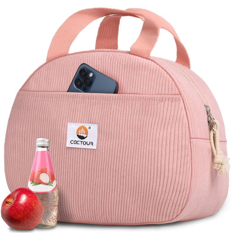 CaCTOUR Lunch Box Lunch Bag for Women Girls Teens, Cute Lunch Box Cooler Bag, Portable Small Insulated LunchBox Reusable Corduroy Lunch Tote for Work/Travel/Picnic/School(Pink) - Image 1
