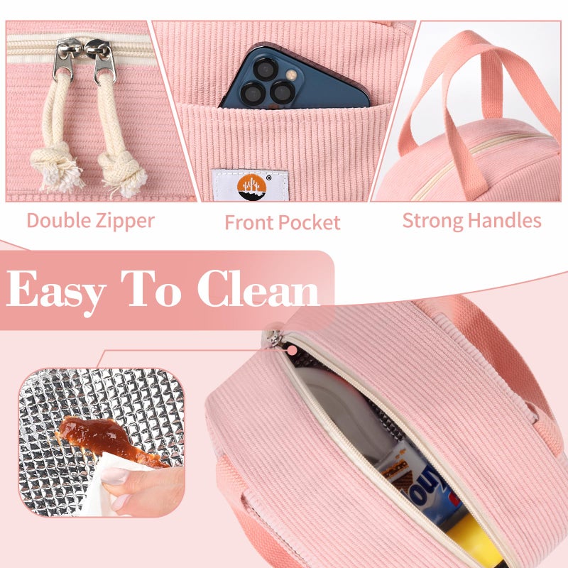 CaCTOUR Lunch Box Lunch Bag for Women Girls Teens, Cute Lunch Box Cooler Bag, Portable Small Insulated LunchBox Reusable Corduroy Lunch Tote for Work/Travel/Picnic/School(Pink) - Image 5