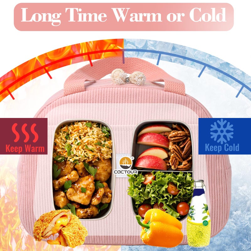 CaCTOUR Lunch Box Lunch Bag for Women Girls Teens, Cute Lunch Box Cooler Bag, Portable Small Insulated LunchBox Reusable Corduroy Lunch Tote for Work/Travel/Picnic/School(Pink) - Image 4