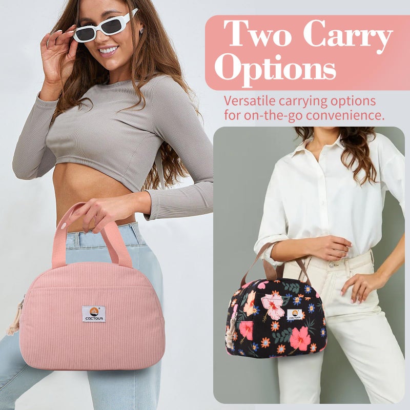 CaCTOUR Lunch Box Lunch Bag for Women Girls Teens, Cute Lunch Box Cooler Bag, Portable Small Insulated LunchBox Reusable Corduroy Lunch Tote for Work/Travel/Picnic/School(Pink) - Image 2