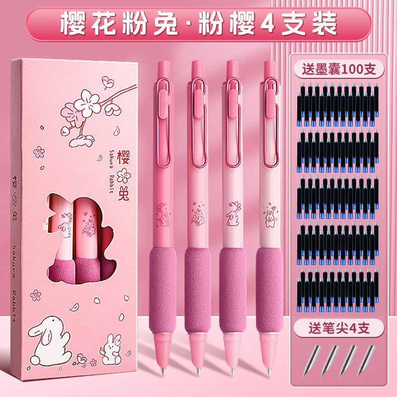Generic Pupils Push Pen European Bag Soft Grip Pen Plastic Color Student Pen Daily Writing Ink Changing Sac [4] Cherry Blossom Rabbit (Ink Sac 100 with 4 nibs) 