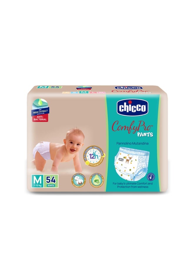 Chicco Comfy-Pro Pant Style Baby Diapers | Anti-bacterial benefits | Ultra Soft & 12hrs protection | Wetness indicator & Disposing Tapes - Medium, 54 Count, 7-12 Kg - Image 1