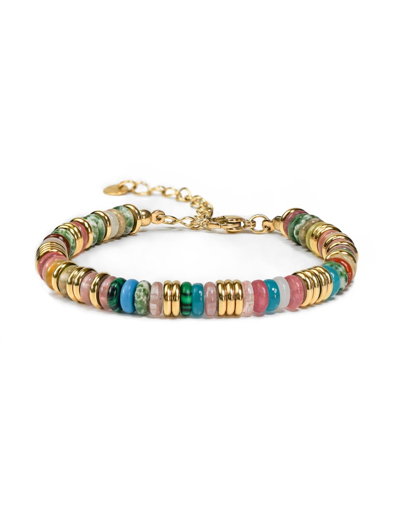 SNGIA Colorful 18K Gold Plated Pink Blue Rainbow Bracelets for Women, Stack Bangle Beaded Stone Jewelry Accessories Set for Woman, Trendy Fashion Jewelry Gifts (Candy) - Image 1