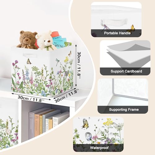 Clastyle Flowers Storage Cube Organizer Set Handle Closet Clothes Cube with Metal Frame Foldable Parents Organizer Storage Basket for Book ToyGreen118x118x118 in - Image 3
