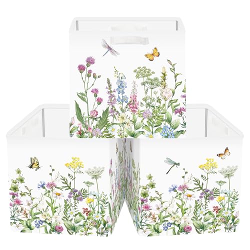 Clastyle Flowers Storage Cube Organizer Set Handle Closet Clothes Cube with Metal Frame Foldable Parents Organizer Storage Basket for Book ToyGreen118x118x118 in - Image 1