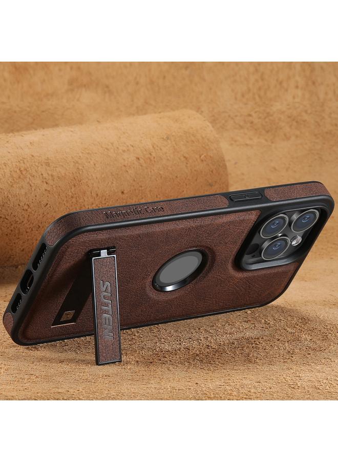 Suteni Case For iPhone 12 Pro Max G2 Magsafe Litchi Texture Leather Back Phone Case with Holder - Image 3