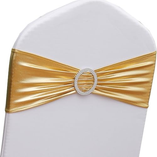 Gankar Gankar Gold Chair Sashes 100 Pack Spandex Sashes for Chairs Wedding Reception Stretch Chair Bands Bows for Party Banquet Theme Event Decor 