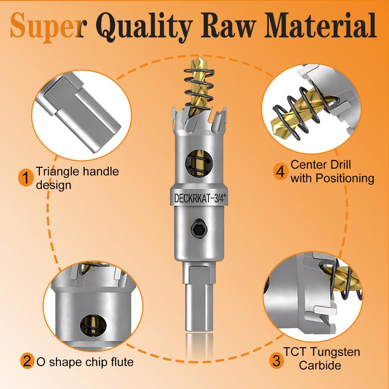 DECKRKAT 2-Pack 3/4" TCT Hole Saws for Hard Metal, Heavy Duty 19mm Tungsten Carbide Tipped Hole Cutters Set with Spring-Loaded Pilot Drill Bits for Stainless Steel, Metal, Iron, and Plastic - Image 4