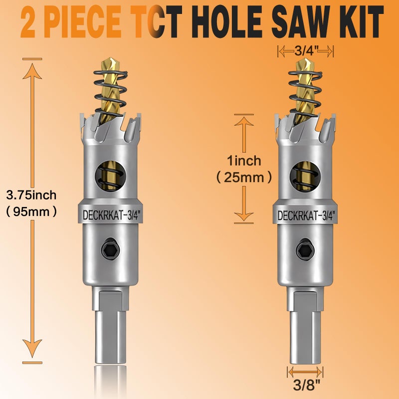 DECKRKAT 2-Pack 3/4" TCT Hole Saws for Hard Metal, Heavy Duty 19mm Tungsten Carbide Tipped Hole Cutters Set with Spring-Loaded Pilot Drill Bits for Stainless Steel, Metal, Iron, and Plastic - Image 2