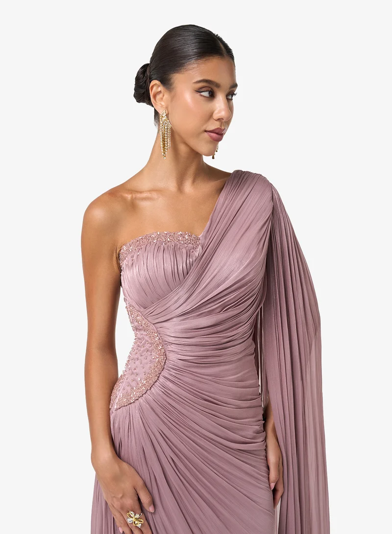 Threadz by Ajooni  One Shoulder Plisse Maxi Dress for Women | Best Price UAE
