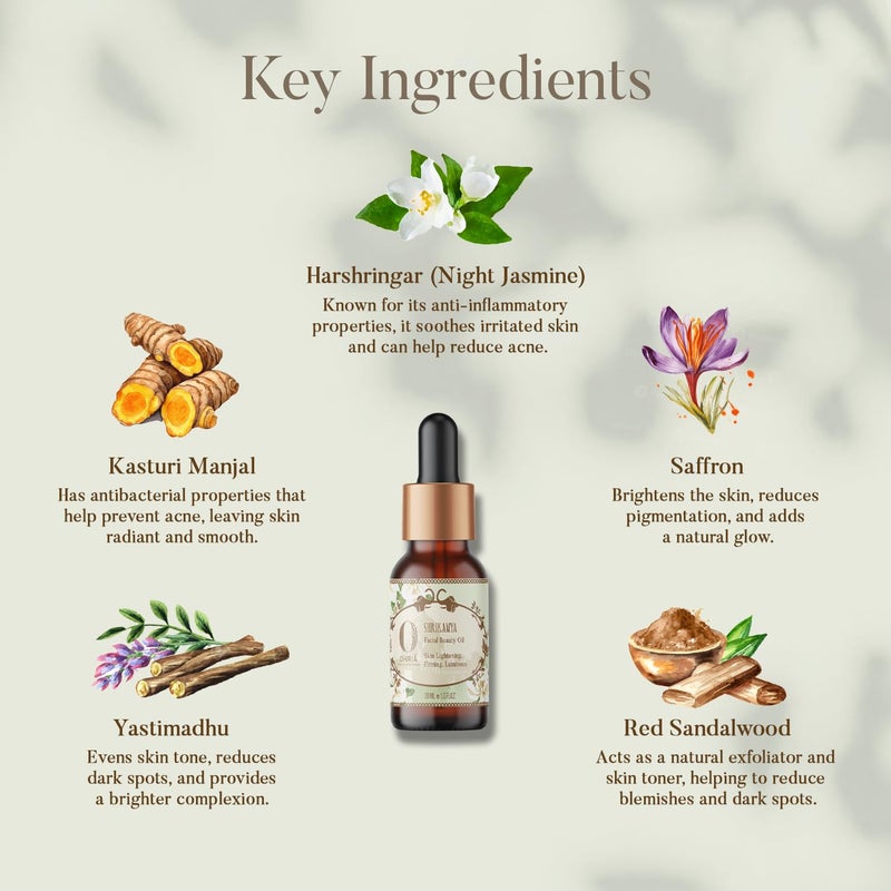 Ohria Ayurveda Shrikamya Facial Beauty Oil Skin Lightening Firming Moisture Restoring Illuminating Oil For All Skin Types Men Women 30ml - Image 3