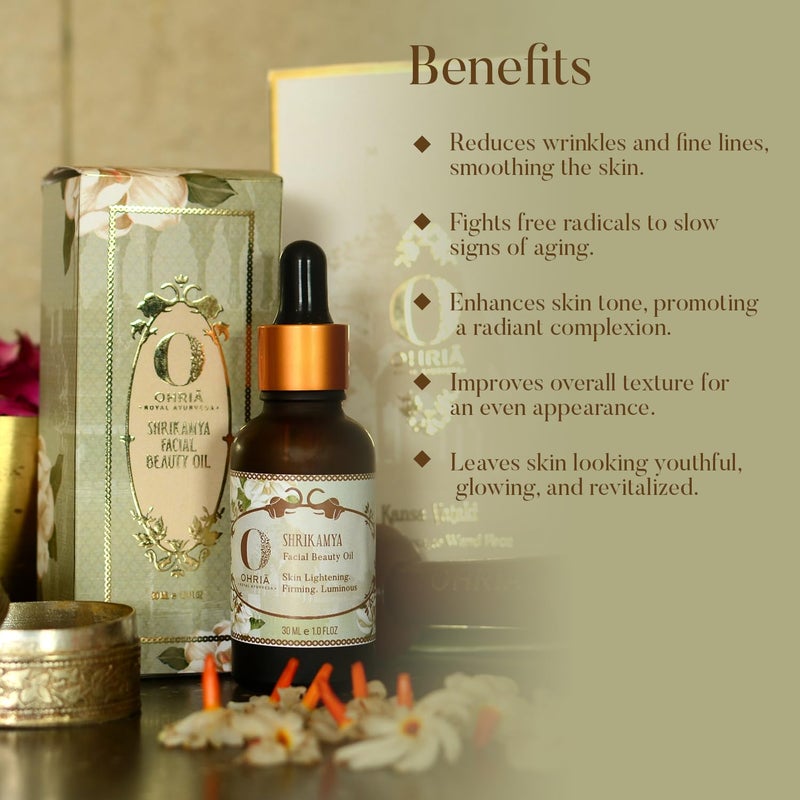 Ohria Ayurveda Shrikamya Facial Beauty Oil Skin Lightening Firming Moisture Restoring Illuminating Oil For All Skin Types Men Women 30ml - Image 5