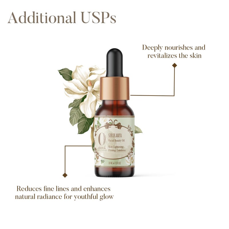 Ohria Ayurveda Shrikamya Facial Beauty Oil Skin Lightening Firming Moisture Restoring Illuminating Oil For All Skin Types Men Women 30ml - Image 2
