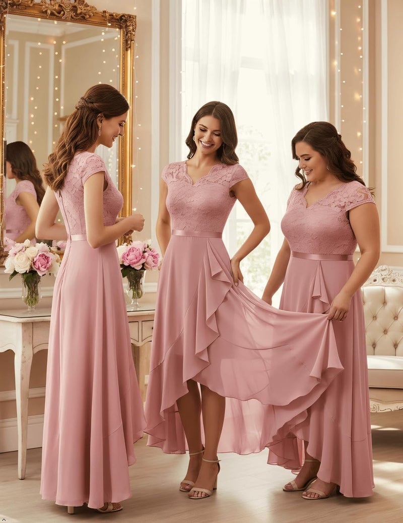Bbonlinedress Women's Formal Wedding Guest Dress Floral Lace Cocktail Party Prom Bridesmaid Flowy Mother of The Bride Dress Blush L - Image 3