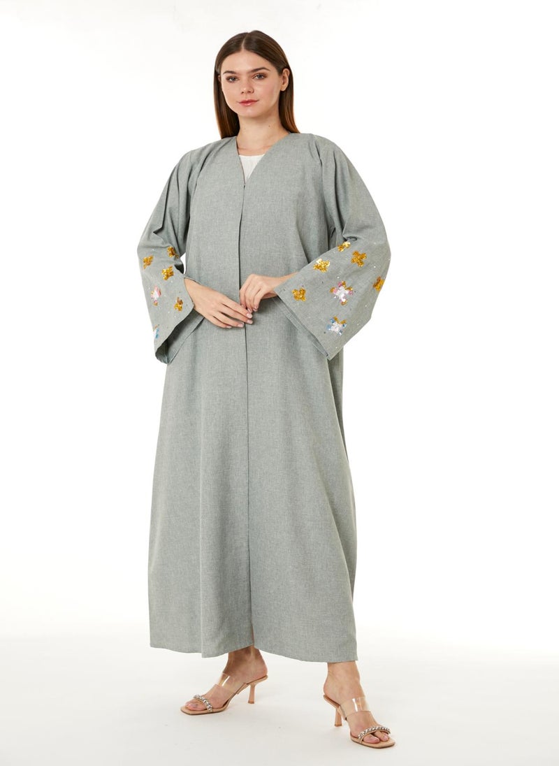 MOiSTREET Grey Melange Embroidered Abaya - Image 4