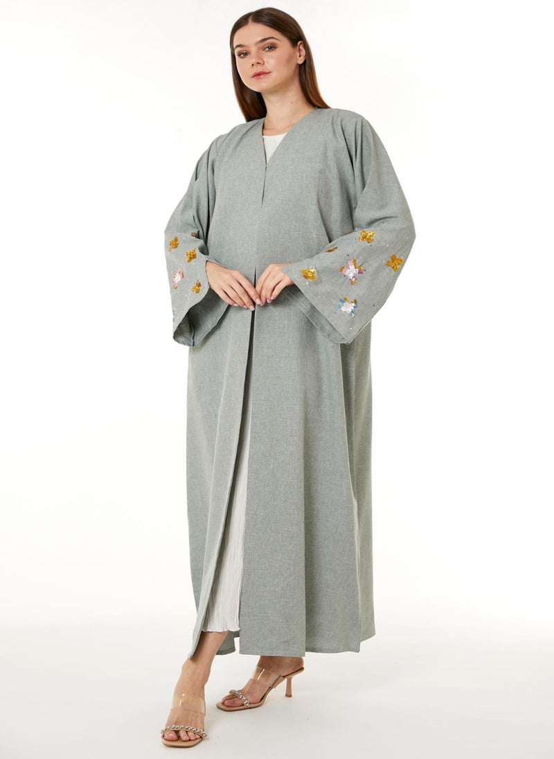 MOiSTREET Grey Melange Embroidered Abaya - Image 3