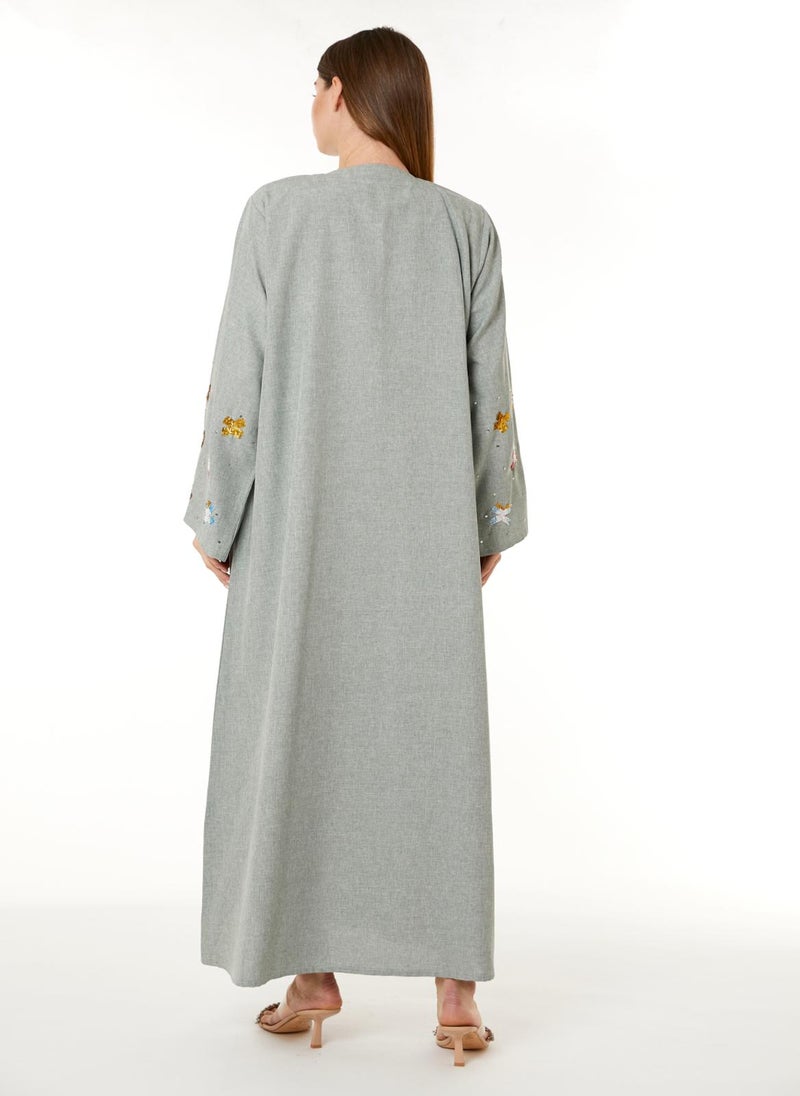 MOiSTREET Grey Melange Embroidered Abaya - Image 5