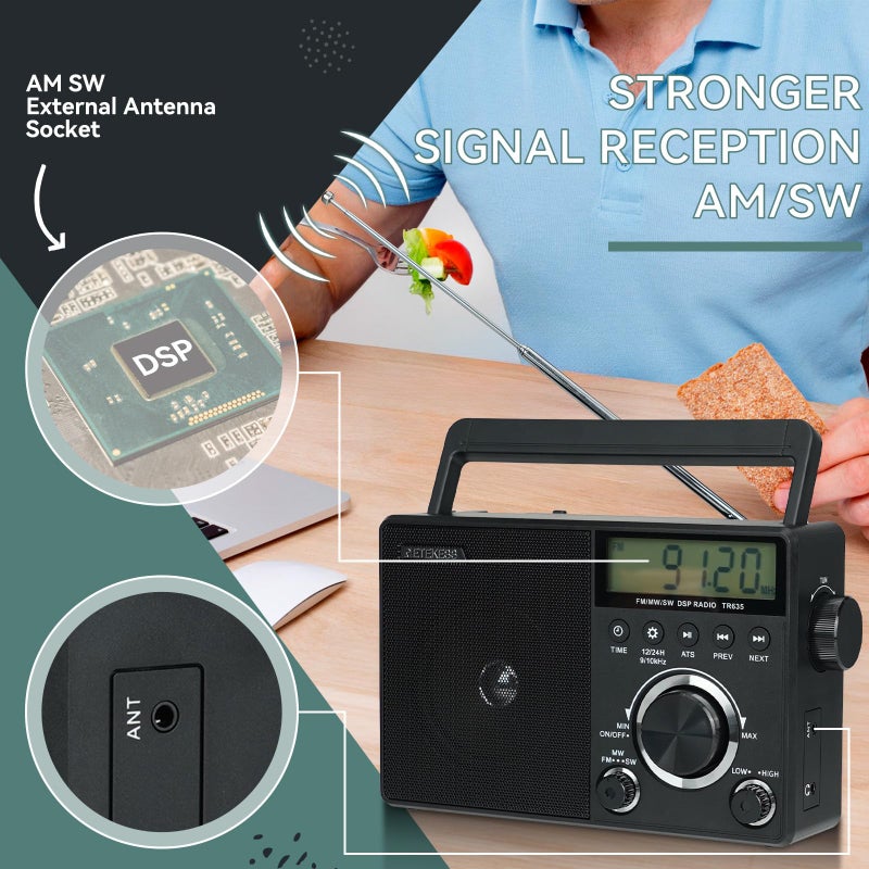 Retekess راديو رقمي محمول Retekess TR635، راديو AM FM قصير الموجة، شاشة LCD مضاءة، ساعة، راديو يعمل بالبطارية أو الطاقة الكهربائية، لكبار السن، المنزل - Image 2