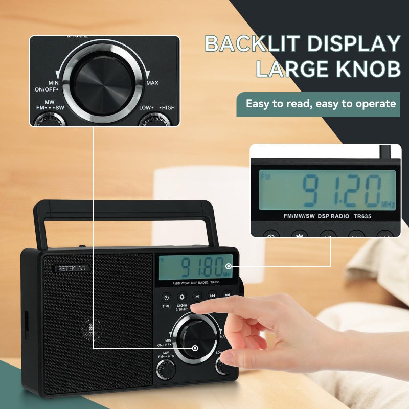 Retekess راديو رقمي محمول Retekess TR635، راديو AM FM قصير الموجة، شاشة LCD مضاءة، ساعة، راديو يعمل بالبطارية أو الطاقة الكهربائية، لكبار السن، المنزل - Image 3