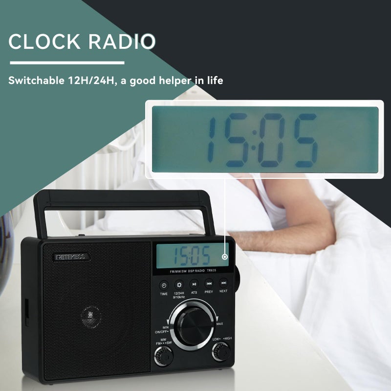 Retekess راديو رقمي محمول Retekess TR635، راديو AM FM قصير الموجة، شاشة LCD مضاءة، ساعة، راديو يعمل بالبطارية أو الطاقة الكهربائية، لكبار السن، المنزل - Image 5