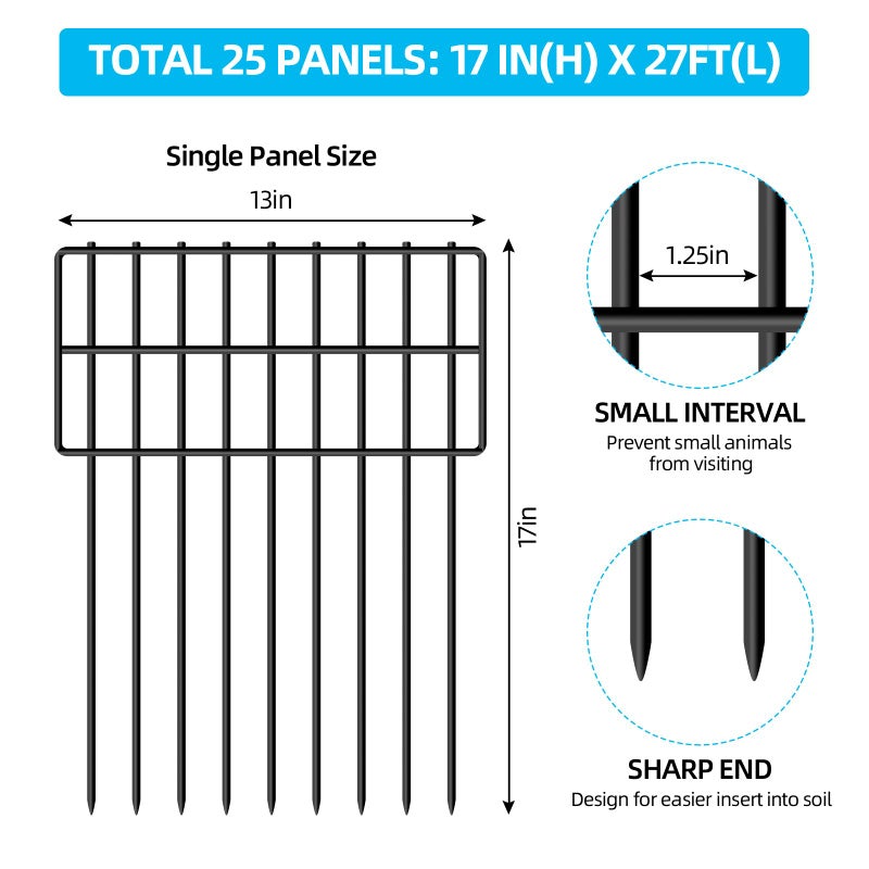 NANYEZH 25 Panels Garden Fencing Animal Barrier, 17in (H) X 27ft (L) Dog Dig Fence Barrier, 1.25in Gap Rustproof Metal Stakes Decorative Garden Fence, Ground Defense Border Fence for Outdoor, Yard, Patio - Image 5
