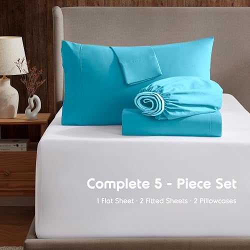 Nestl Split King Bed Sheet Set - Bright Blue - Instantly Soft Microfiber, No Break-in Wash - 4-Piece Deep Pocket Sheets & Pillowcases, Stays Put All Night - Image 2