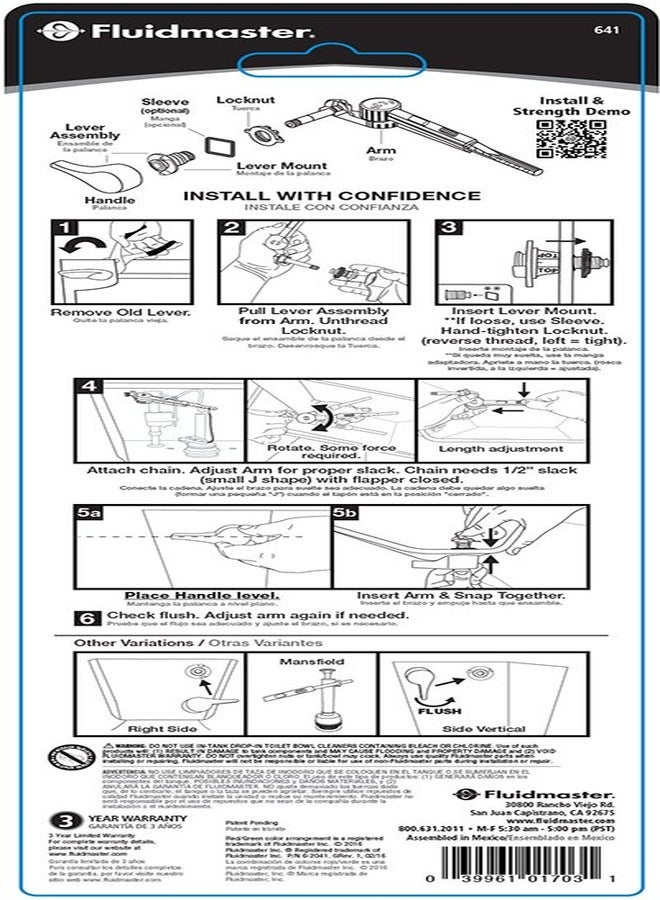 فلويد ماستر ذراع تدفق خزان المرحاض العالمي Fluidmaster 641 PERFECT FIT باللون الكروم، مقبض مرحاض معدني مع ذراع قابل للتعديل - Image 5