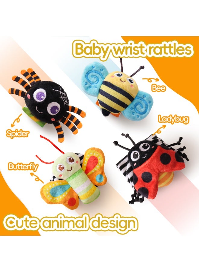 Baby Wrist Rattles and Foot Finder Rattle Socks Set, 4-Piece Newborn Infant Sensory Toys, Cute Insect Design, Multicolor - Image 2