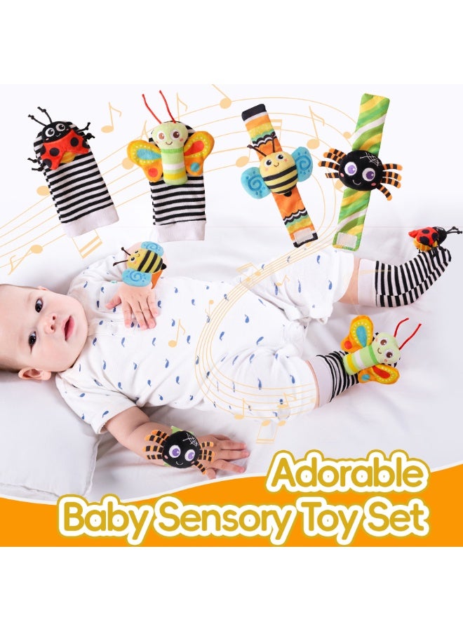 Baby Wrist Rattles and Foot Finder Rattle Socks Set, 4-Piece Newborn Infant Sensory Toys, Cute Insect Design, Multicolor - Image 1