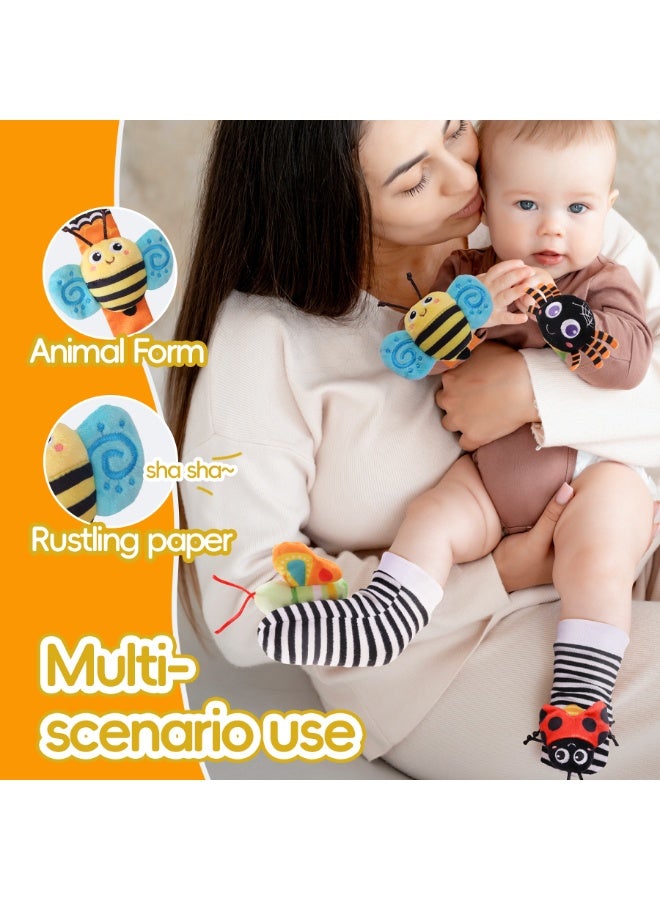 Baby Wrist Rattles and Foot Finder Rattle Socks Set, 4-Piece Newborn Infant Sensory Toys, Cute Insect Design, Multicolor - Image 4