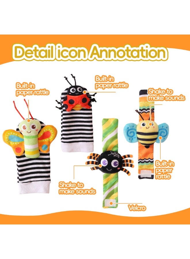 Baby Wrist Rattles and Foot Finder Rattle Socks Set, 4-Piece Newborn Infant Sensory Toys, Cute Insect Design, Multicolor - Image 5