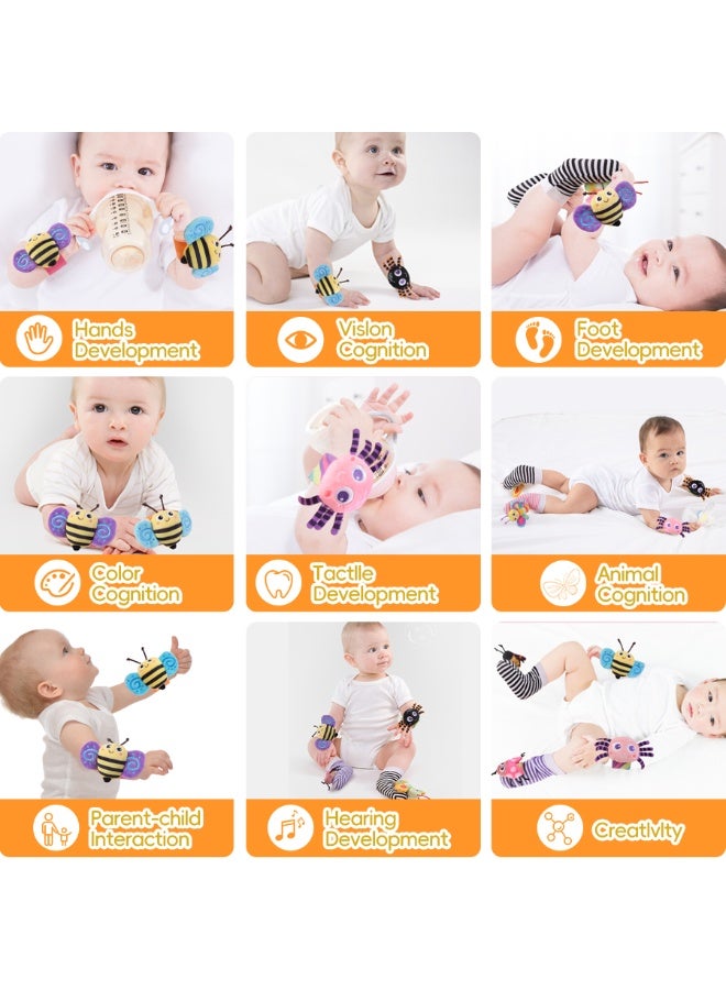 Baby Wrist Rattles and Foot Finder Rattle Socks Set, 4-Piece Newborn Infant Sensory Toys, Cute Insect Design, Multicolor - Image 3