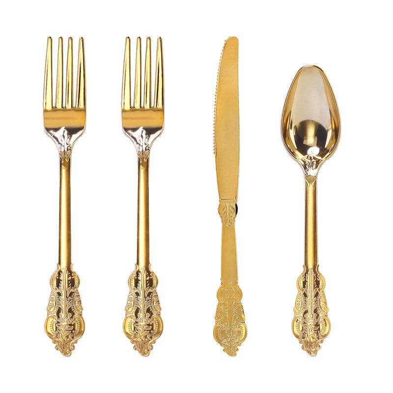 WDF 200 Pieces Gold Plastic Silverware Disposable  50 Guests Heavy Duty Gold Plastic Cutlery  Disposable Utensils Includes 100 Forks 50 Spoons 50 Knives Perfect for PartyWeeding