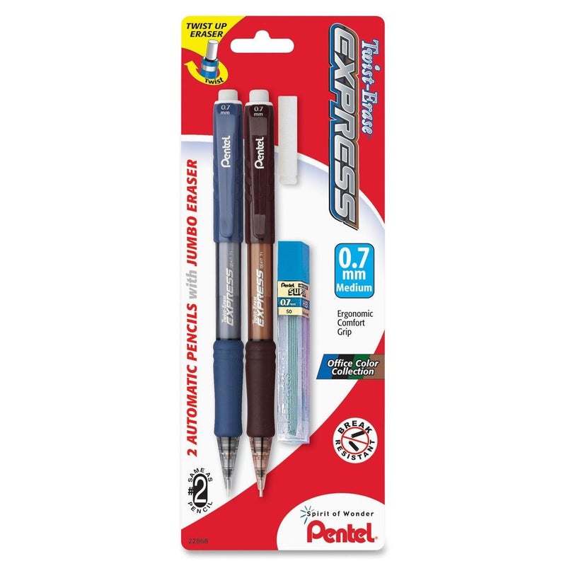 Pentel قلم رصاص أوتوماتيكي بنتل توست-إيراس إكسبريس مع رصاص وممحاة، 0.7 مم، براميل متنوعة، عبوة 2 (QE417LEBP2) - Image 1
