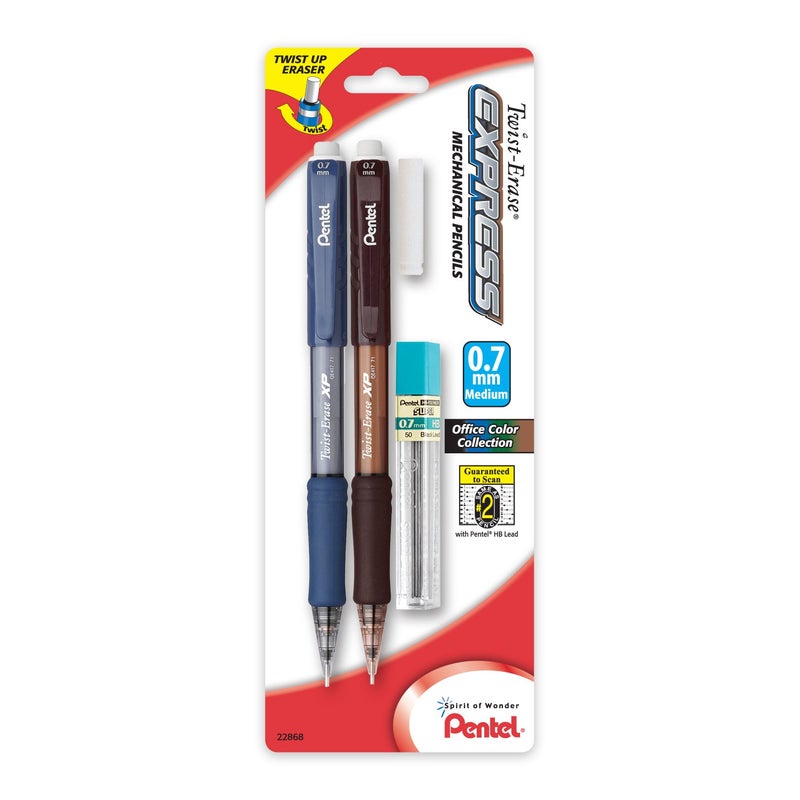Pentel قلم رصاص أوتوماتيكي بنتل توست-إيراس إكسبريس مع رصاص وممحاة، 0.7 مم، براميل متنوعة، عبوة 2 (QE417LEBP2) - Image 2