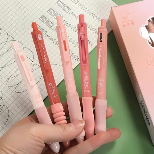PLUSPOINT Pink Flowers Theme Cute Gel Pens 5Pcs Retractable Quick Dry Ink Pens 0.5mm Fine Point Blue Ink Kawaii Smooth Writing Pens for School Office Supplies Aesthetic pretty pens - Image 5