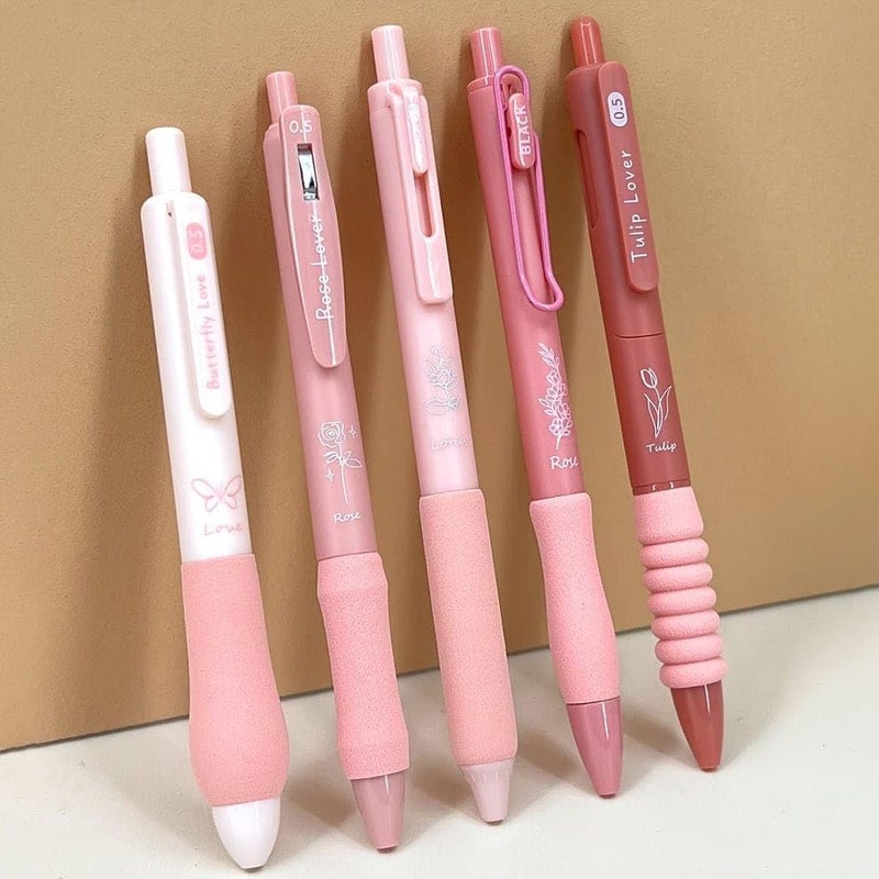 PLUSPOINT Pink Flowers Theme Cute Gel Pens 5Pcs Retractable Quick Dry Ink Pens 0.5mm Fine Point Blue Ink Kawaii Smooth Writing Pens for School Office Supplies Aesthetic pretty pens - Image 4
