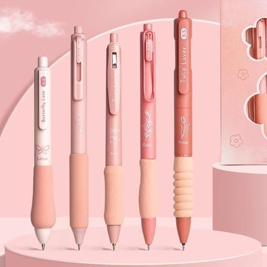 PLUSPOINT Pink Flowers Theme Cute Gel Pens 5Pcs Retractable Quick Dry Ink Pens 0.5mm Fine Point Blue Ink Kawaii Smooth Writing Pens for School Office Supplies Aesthetic pretty pens - Image 2
