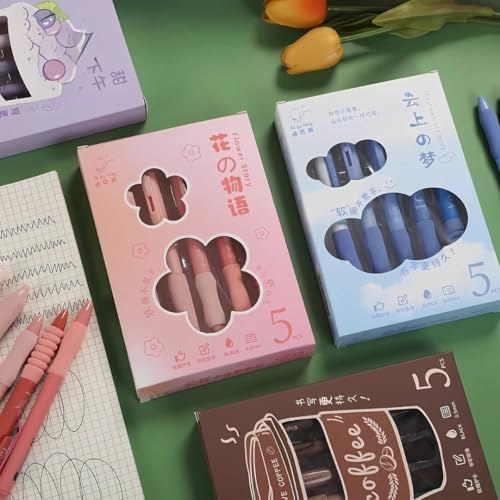 PLUSPOINT Pink Flowers Theme Cute Gel Pens 5Pcs Retractable Quick Dry Ink Pens 0.5mm Fine Point Blue Ink Kawaii Smooth Writing Pens for School Office Supplies Aesthetic pretty pens - Image 3