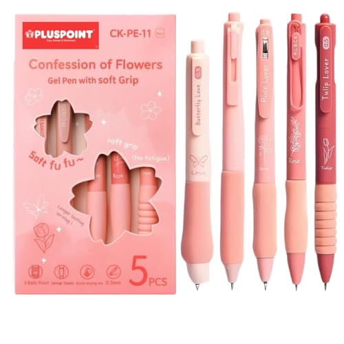 PLUSPOINT Pink Flowers Theme Cute Gel Pens 5Pcs Retractable Quick Dry Ink Pens 0.5mm Fine Point Blue Ink Kawaii Smooth Writing Pens for School Office Supplies Aesthetic pretty pens - Image 1