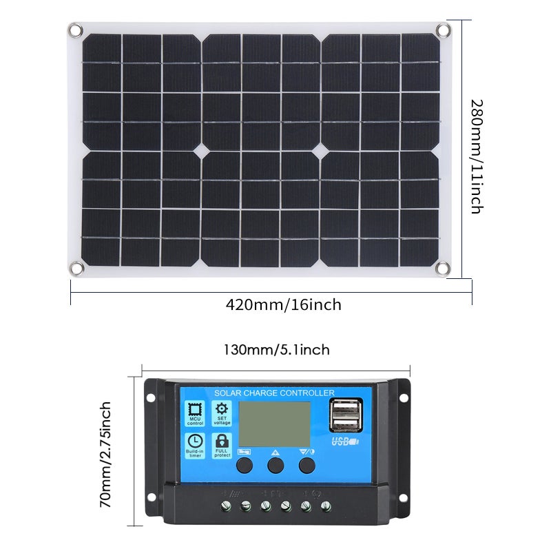 Portable 300W Solar Flexible Panel Kits Monocrystalline Silicon Solar Panel with 20A Controller Dual USB Charging Port DC5521 Battery Clamp Interface for Charging 5V Mobile Phones Sports Cameras, 12V - Image 2