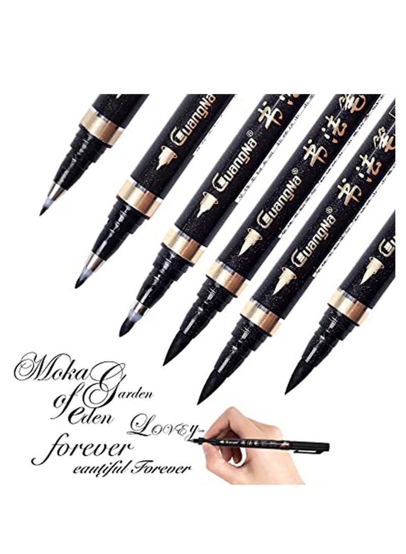 Calligraphy Pen 6 Pcs Black Brush Marker Hand Lettering Pens for Lettering, Beginners Writing, Signature, Watercolor Illustrations, Design and Art Drawing (4 Sizes) - Image 1