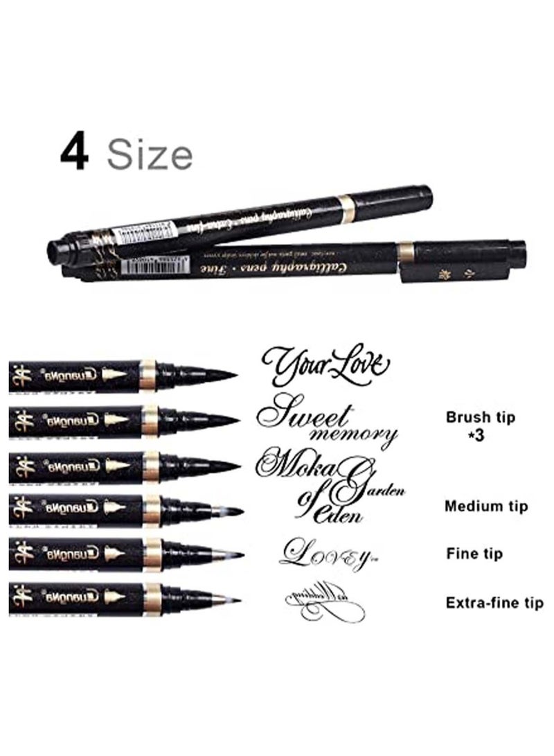 Calligraphy Pen 6 Pcs Black Brush Marker Hand Lettering Pens for Lettering, Beginners Writing, Signature, Watercolor Illustrations, Design and Art Drawing (4 Sizes) - Image 3