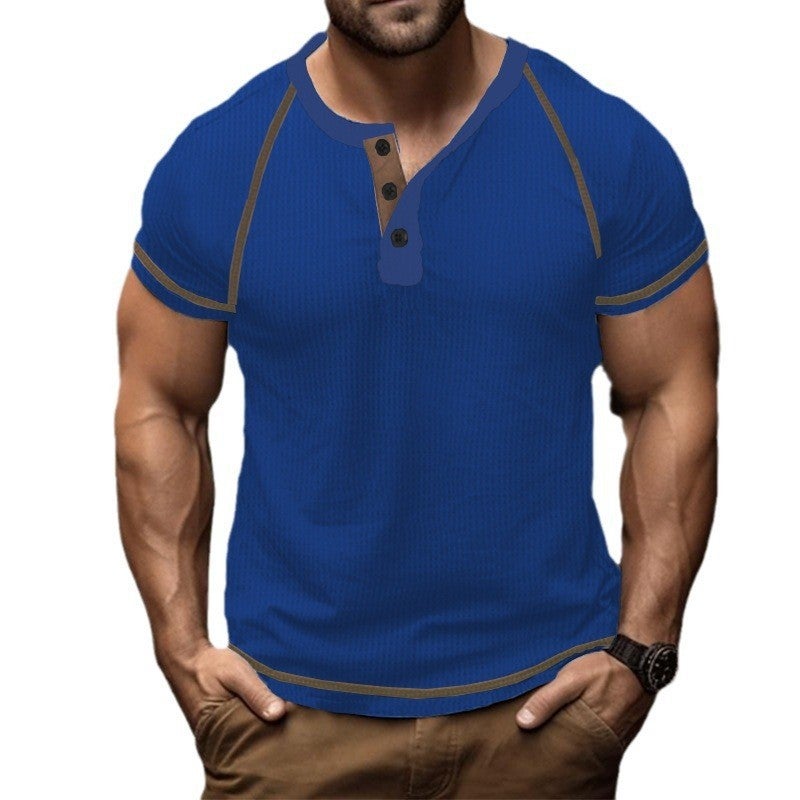 2025 Waffle Heavyweight Henry Shirt Cross-Border T-Shirt Pure Color Retro Raglan Summer Short-Sleeved Men''s T-Shirt - Image 4