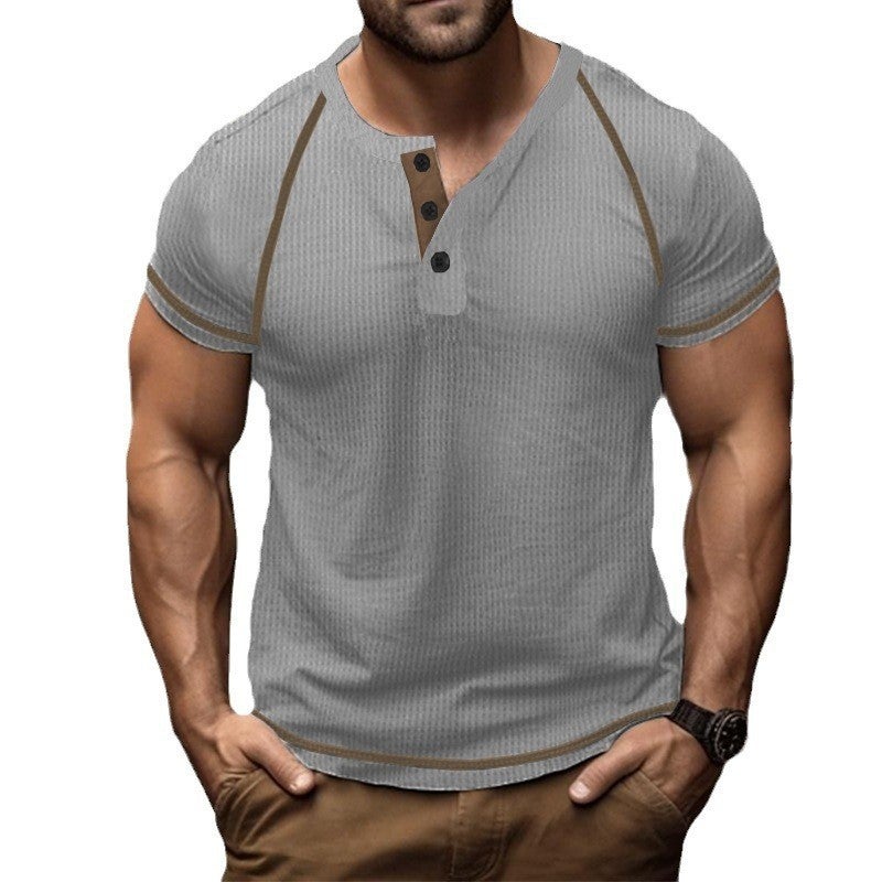 2025 Waffle Heavyweight Henry Shirt Cross-Border T-Shirt Pure Color Retro Raglan Summer Short-Sleeved Men''s T-Shirt - Image 3