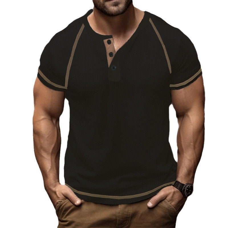 2025 Waffle Heavyweight Henry Shirt Cross-Border T-Shirt Pure Color Retro Raglan Summer Short-Sleeved Men''s T-Shirt - Image 2