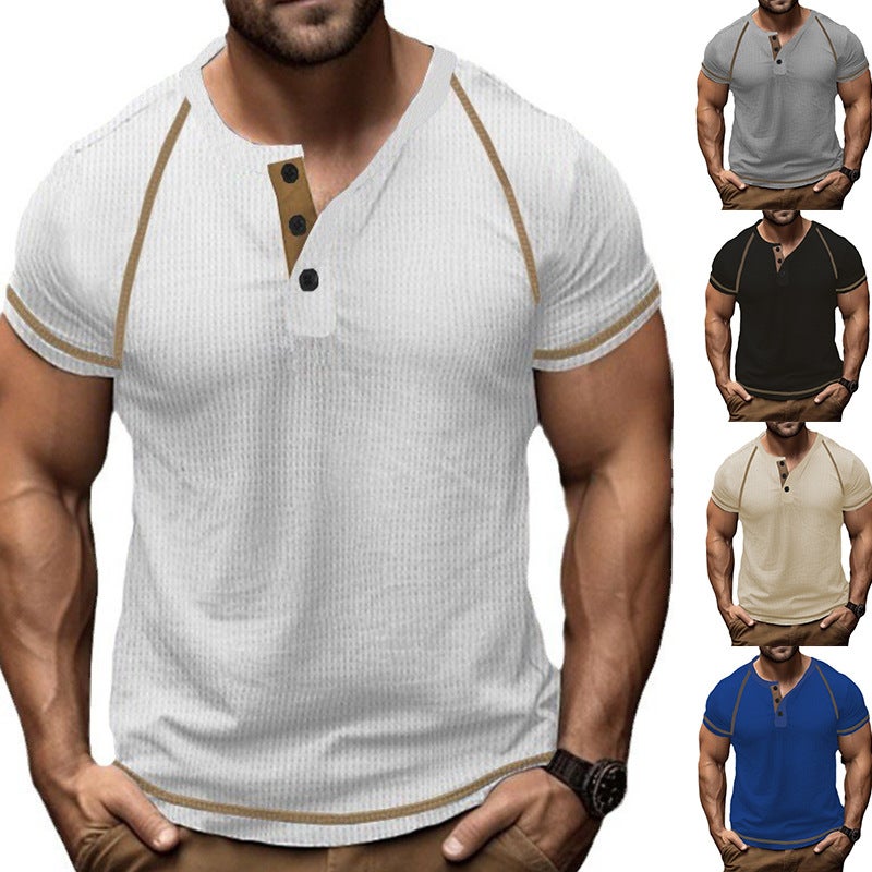 2025 Waffle Heavyweight Henry Shirt Cross-Border T-Shirt Pure Color Retro Raglan Summer Short-Sleeved Men''s T-Shirt - Image 1