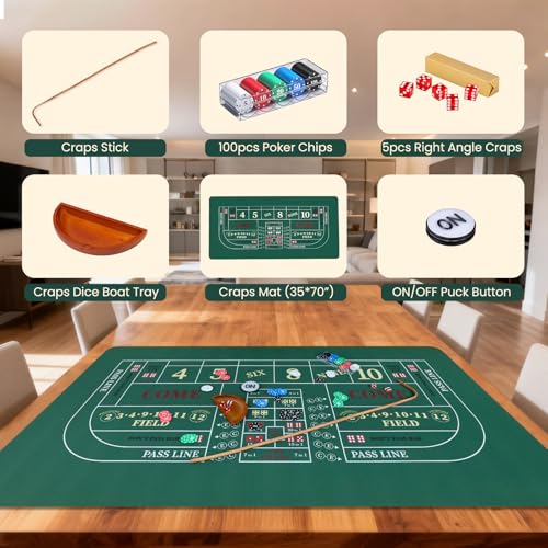 NEWTRY Craps Game Set 3570 Craps Tabletop Layout 48x11Rubber Diamond Pyramid Bumper 36 Rattan Stick 5pcs Professional dice 100 pcs Chips ONOff Buttons for Game Nights Party Camping - Image 5